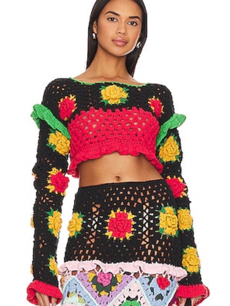 Celiab Black Crocheted Floral Crop Sweater With Red, Yellow & Green Accents
